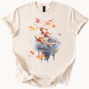 Koi Fish and Maple Leaves Watercolor Art Shirt Japanese Nature Graphic Tee